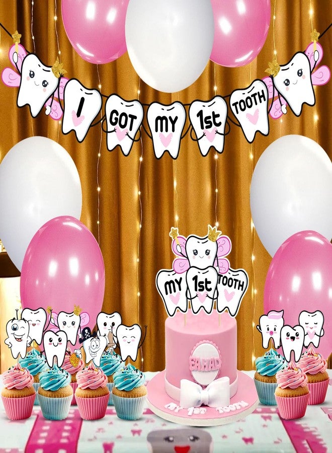 ZYOZIQUE ® I Got My First Tooth Decoration / First Tooth Decoration Items For Baby Girl - Paper Banner , Balloons, Cupcake & Cake Topper, Rice Light (Pack Of 38) - Image 5
